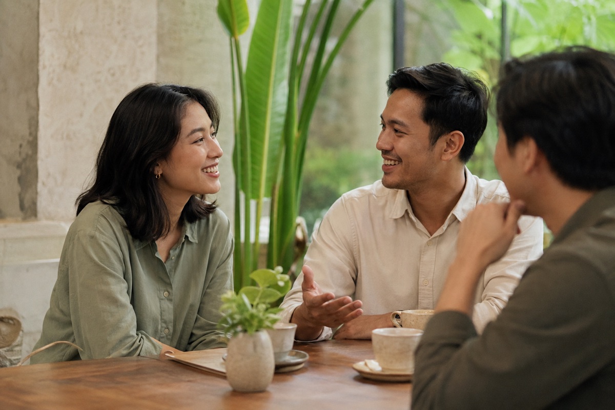 Friends sharing coffee and a conversation in a leafy Jakarta café