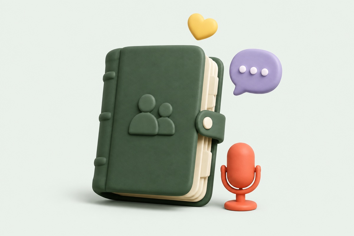 A green memory book with colorful conversation objects