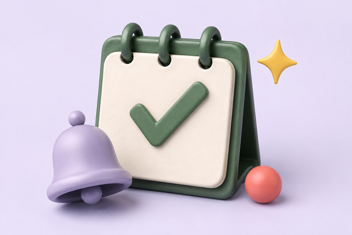 A calendar with a green checkmark and a lavender bell